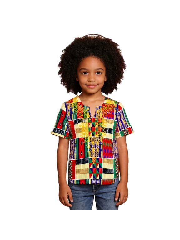 Girls Africa Dashiki Short Sleeve T-Shirt Ethnic Style Casual V Neck T Shirt Tee