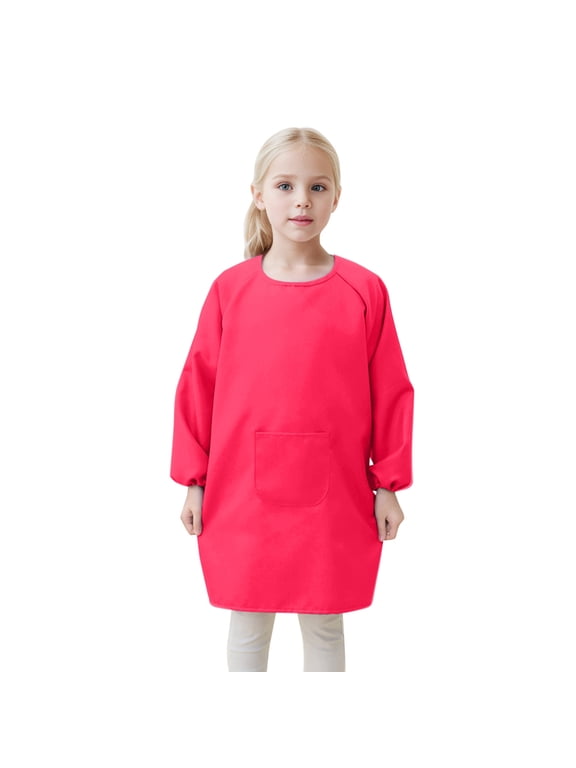 Girls Art Smock Apron Solid Long Sleeved Artist Painting Apron Smock with Pocket