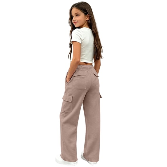 Lullu Girls Athletic Cargo Sweatpants Pull On Baggy Straight Joggers, Khaki, Sizes 5-14