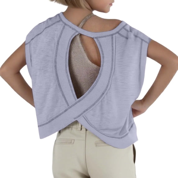 Lullu Girls Backless Yoga Sports T-Shirt Short Sleeve Loose Casual Fitness Tee, Sizes 4-14