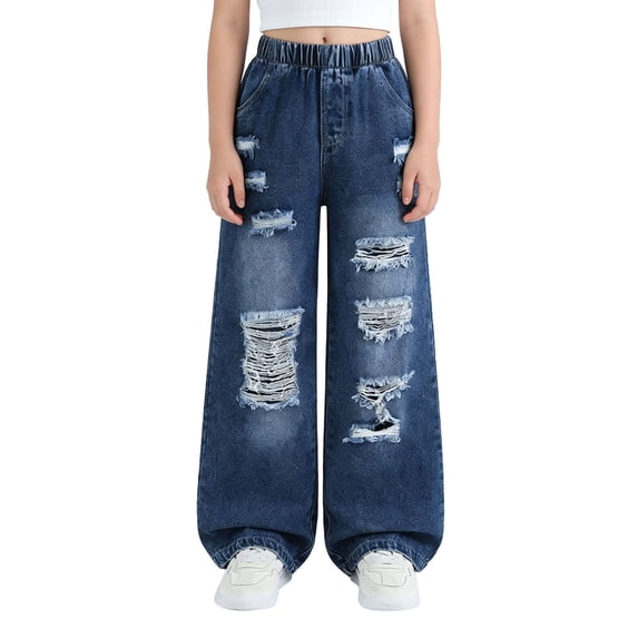 Lullu Girls Baggy Ripped Jeans Streetwear Elastic Waist Wide Leg Denim Pants, Sizes 7-12