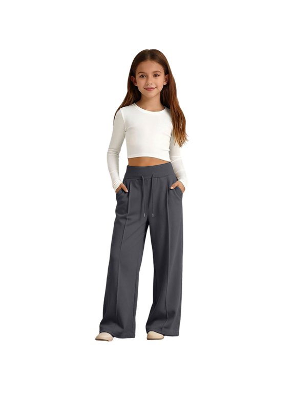Girls Baggy Sweatpants Kids High Waisted Drawstring Jogger Pants, Grey, Sizes 5-14
