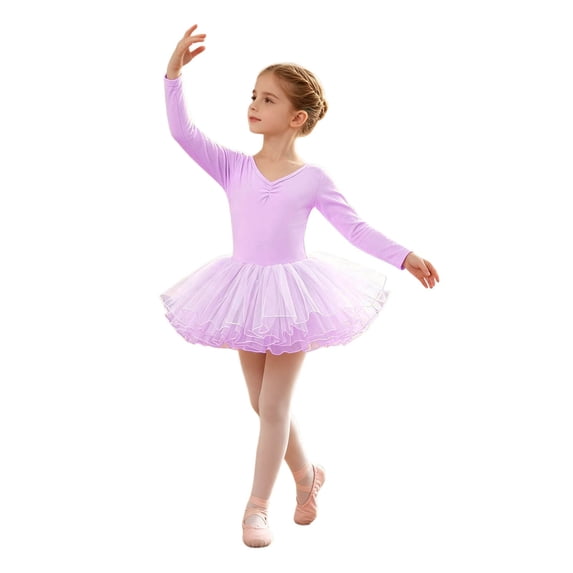 Lullu Girls Ballet Dance Dress Long Sleeve Stretch Leotard Tutu Dress, Sizes 3-16