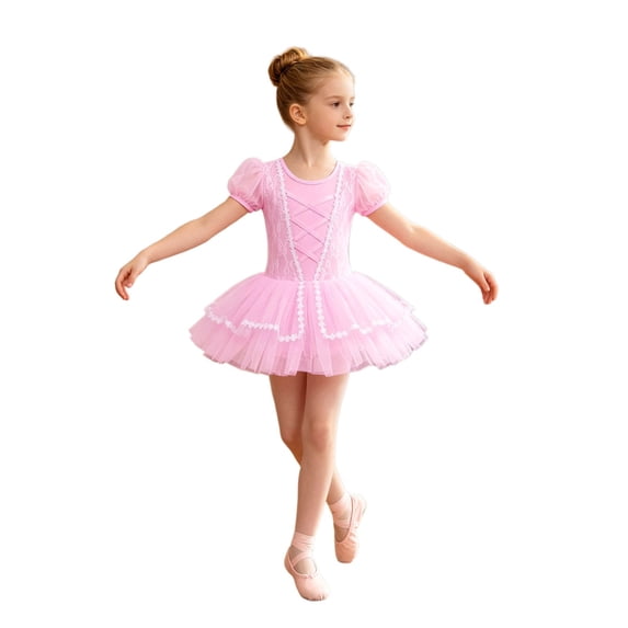 Lullu Girls Ballet Tutu Dress Lace Puff Sleeve Leotard Dancewear, Pink, Sizes 3-16