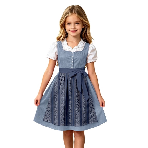 Lullu Girls Bavarian Dirndl Dress Oktoberfest Party Dress Apron 2Pc Set, Navy, Sizes 3-12