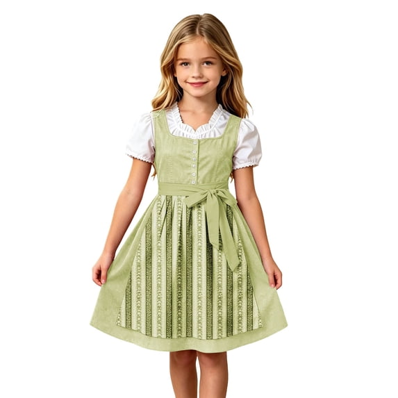 Lullu Girls Bavarian Dirndl Dress Traditional Oktoberfest Party Dress with Apron, Green, Sizes 3-12