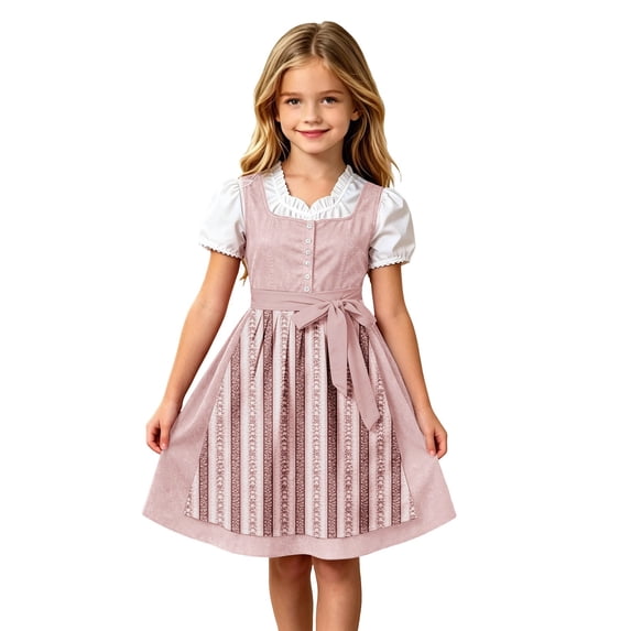 Lullu Girls Bavarian Dirndl Dress Traditional Oktoberfest Party Dress with Apron, Pink, Sizes 3-12