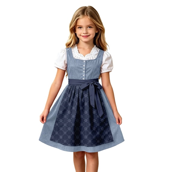 Lullu Girls Bavarian Dirndl Dress Traditional Oktoberfest Square Neck Sleeveless Dress Apron, Navy, Sizes 3-12
