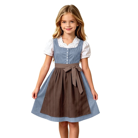 Lullu Girls Bavarian Dirndl Dresses Square Neck Sleeveless Party Dress with Apron, Navy, Sizes 3-12