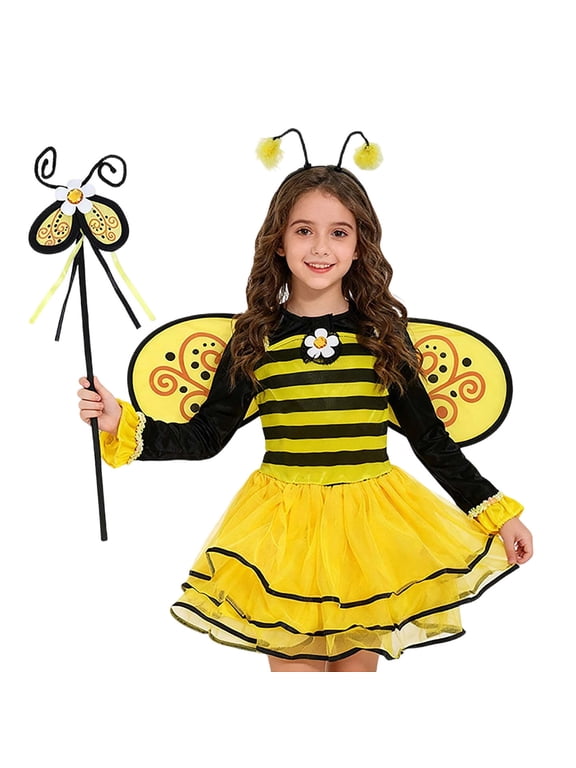 Girls Bee Co_Stume Cute Bee Long Sleeve Tutu Dress with Wings Wand Headband
