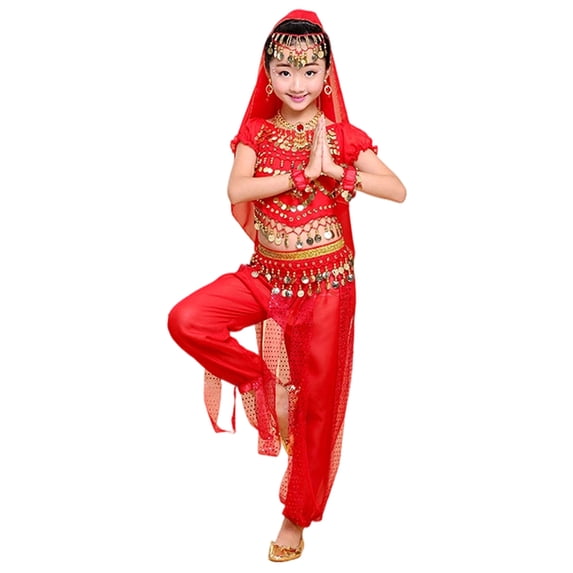 Lullu Girls Belly Dance Stage Performance Crop Top Mesh Pants with Accessories, Sizes 3-12