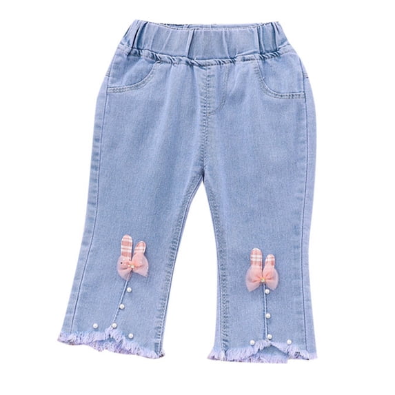 Lullu Girls Bow Cropped Flare Jeans Casual Pull On Lightweight Denim Pants, Sizes 6M-5T