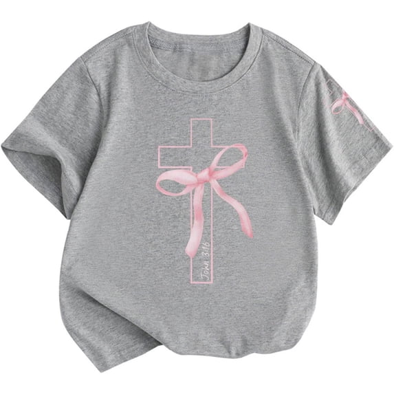 Lullu Girls Bow Print Short Sleeve T-Shirt Summer Crew Neck T Shirt Kids Tee, Sizes 2-14