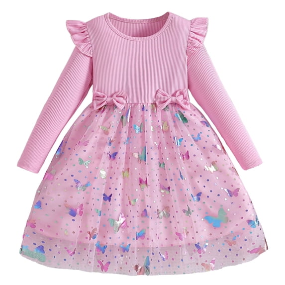 Lullu Girls Butterfly Long Sleeve Tutu Dress Bow Ruffle Mesh Midi Dress, Pink