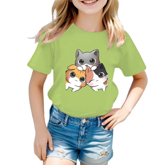 Lullu Girls Cartoon Cat Short Sleeve T-Shirt Casual Cute Round Neck T Shirt, Sizes 3-14
