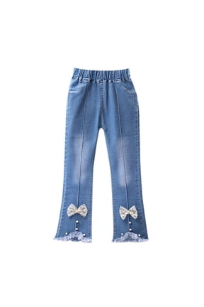 Girls Casual Bow Flared Jeans Elastic Waist Slim Fit Stretch Denim Pants, Sizes 2-12