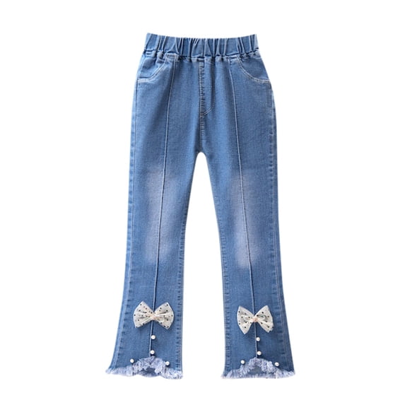 Lullu Girls Casual Bow Flared Jeans Elastic Waist Slim Fit Stretch Denim Pants, Sizes 2-12