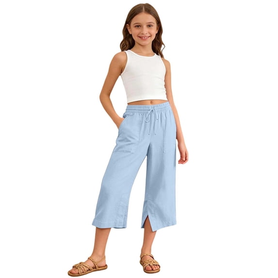 Lullu Girls Casual Capri Pants Elastic Waist Loose Comfy Cropped Pants, Sizes 5-15