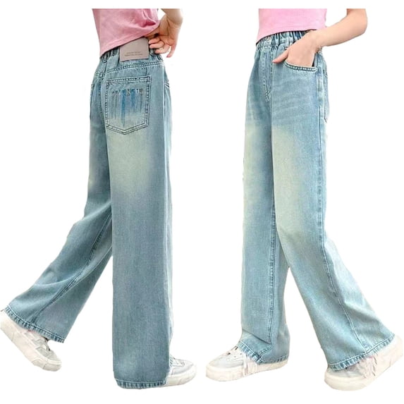 Lullu Girls Casual Demin Jeans Pull On Straight Leg Stretch Demin Pants, Sizes 5-14