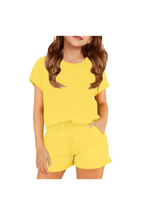 Girls Casual Outfits Solid Basic Short Sleeve T-Shirt Shorts Set for Kids