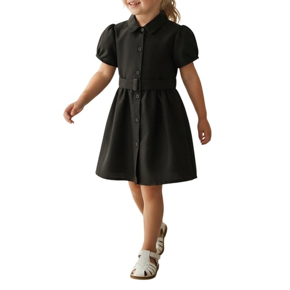 Lullu Girls Casual School Uniform Belted Shirt Dress Puff Sleeve Button-Down Dress, Black