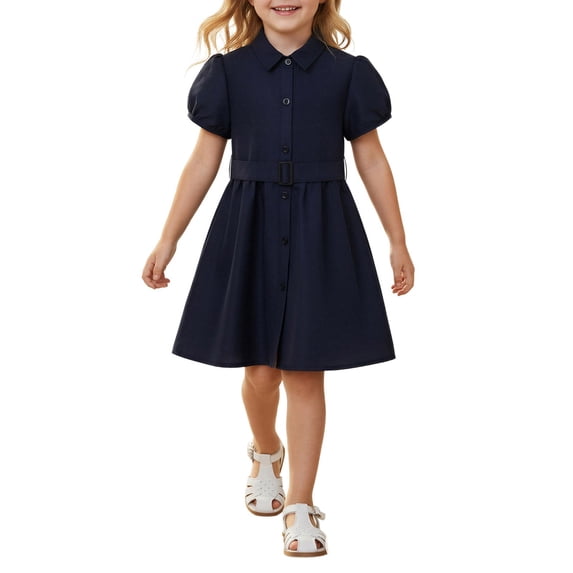Lullu Girls Casual School Uniform Belted Shirt Dress Puff Sleeve Button-Down Dress, Navy