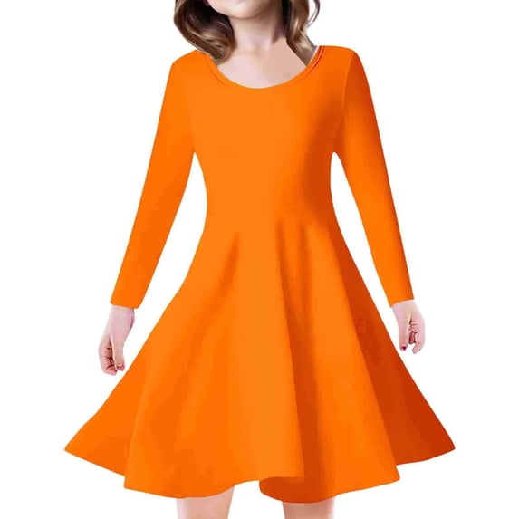 Lullu Girls Casual Skater Dress Solid Long Sleeve Midi A Line Swing Dresses, Sizes 4-13