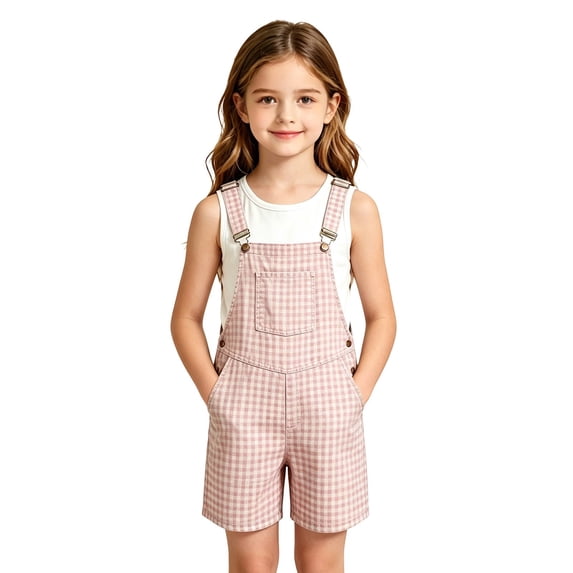 Lullu Girls Checkered Short Overalls Casual Gingham Adjustable Straps Romper, Sizes 4-13
