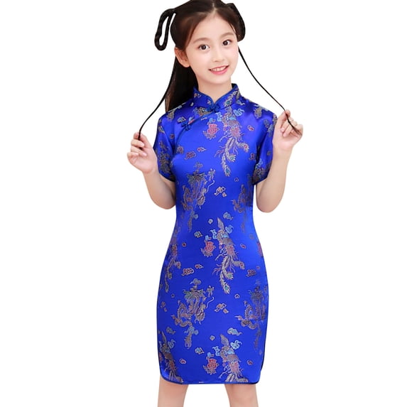 Lullu Girls Cheongsam Chinese Vintage Embroidery Short Sleeve Side Slit Dress, Sizes 1-10