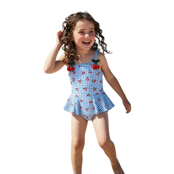 Lullu Girls Cherry Plaid Ruffle One-Piece Swimsuit Beach Bathing Suit Swimwear, Sizes 3-7
