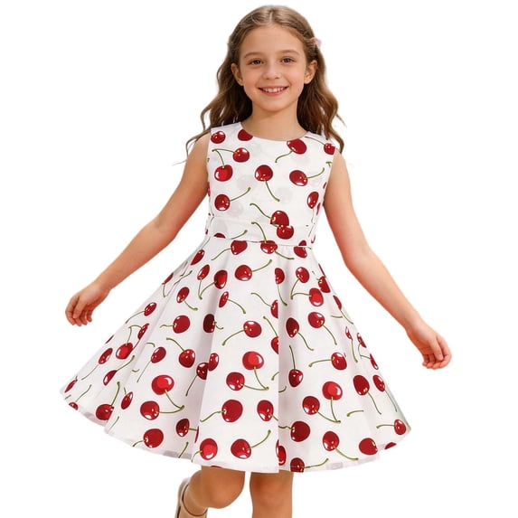 Lullu Girls Cherry Print Tank Dress Summer Sleeveless Crewneck A Line Dress, Sizes 3-12