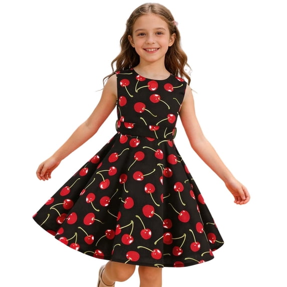 Lullu Girls Cherry Print Tank Dress Summer Sleeveless Crewneck A Line Dress, Sizes 3-12