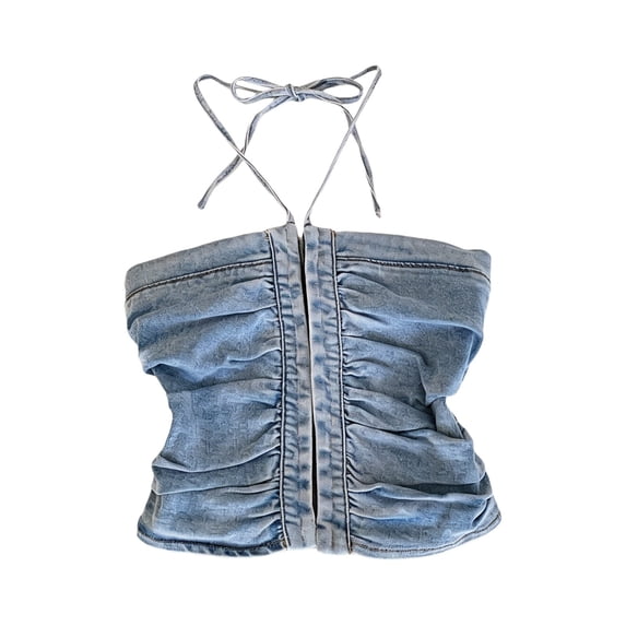 Lullu Girls Cropped Denim Tube Top with Front Zip Summer Trendy Sleeveless Top, Sizes 2-17