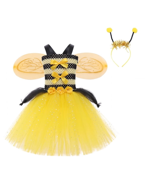 Girls Cute Bee Sleeveless Tutu Dress with Wings Headband Bee Co_Stume, Sizes 2-12