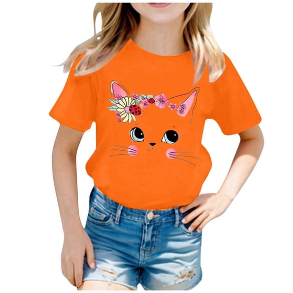 Lullu Girls Cute Cat Print Short Sleeve T-Shirt Summer Casual Graphic Tee Top, Sizes 2-14