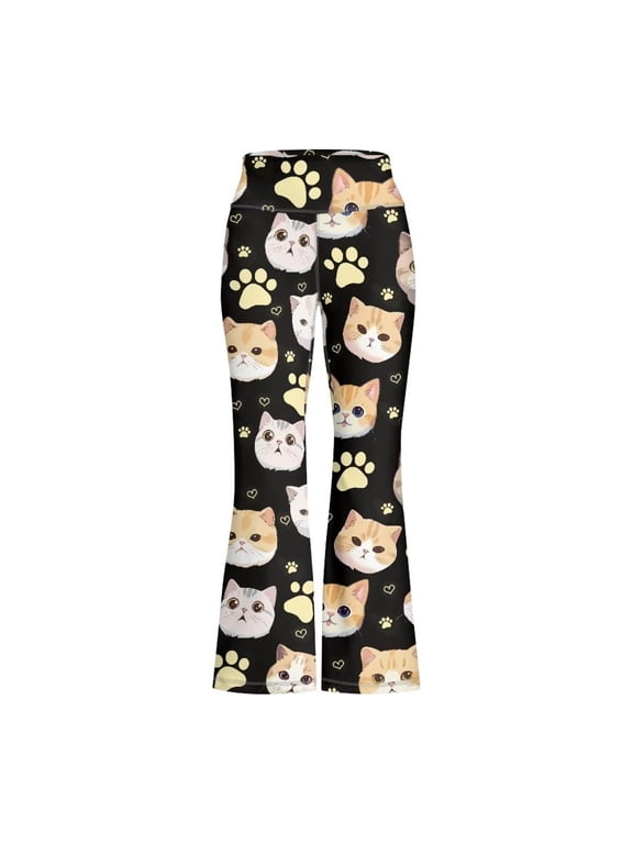 Girls Cute Flare Pants Casual Cartoon Cat Stretch Active Pants, Black, Sizes 1-14