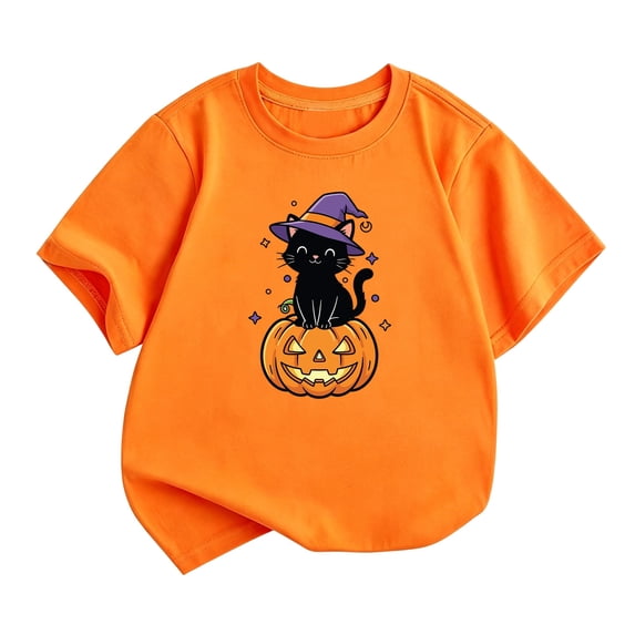Lullu Girls Cute Halloween T-Shirt Soft Short Sleeve Tshirt Top Kids Graphic Tee, Orange