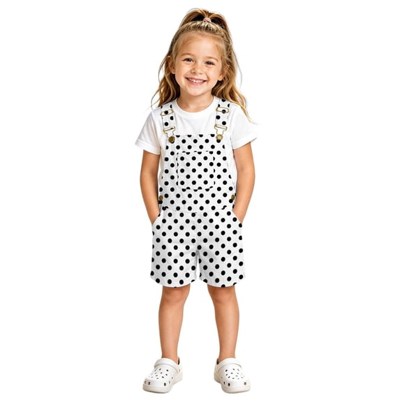 Lullu Girls Cute Polka Dots Short Overalls Casual Romper with Pockets, White, Sizes 4-13