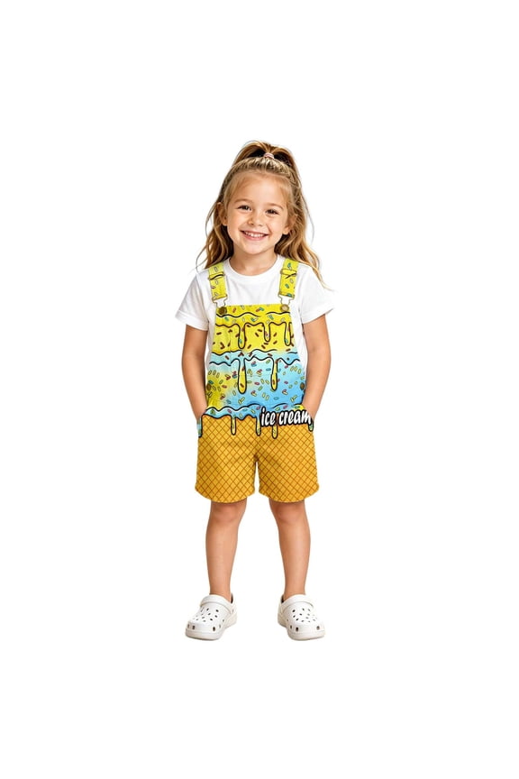 Girls Cute Shorts Overalls Summer Romper with Adjustable Straps, Yellow, Sizes 4-13