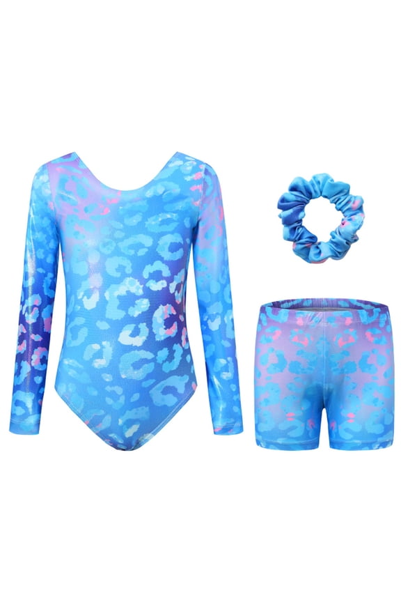 Girls Dance Gymnastics Outfits Leopard Long Sleeve Leotard Shorts Scrunchie 3Pcs Set