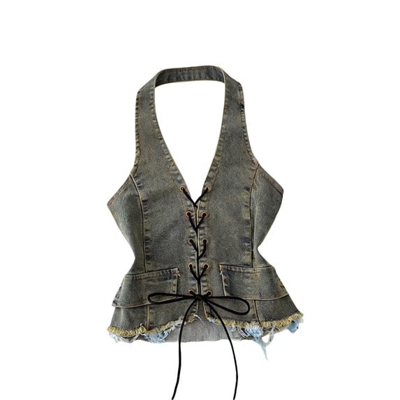 Lullu Girls Denim Backless Halter Camisole Stylish Lace-Up Jean Sleeveless Top, Sizes 2-17