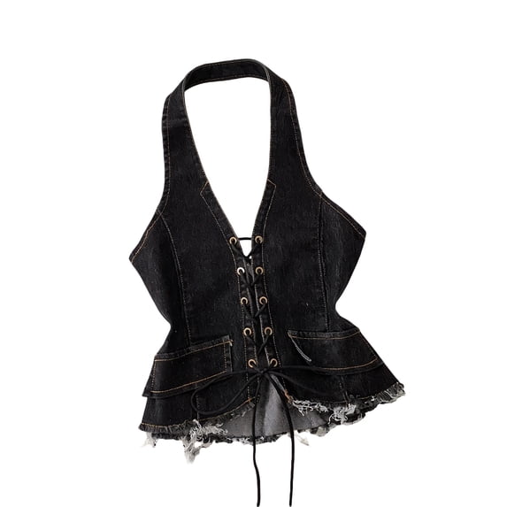 Lullu Girls Denim Backless Halter Camisole Stylish Lace-Up Jean Sleeveless Top, Sizes 2-17