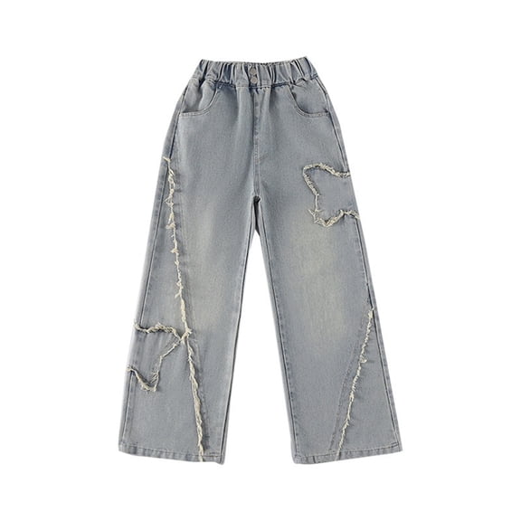 Lullu Girls Denim Jeans Pull On Wide Leg Denim Pants Casual High Rise Trousers, Sizes 3-14