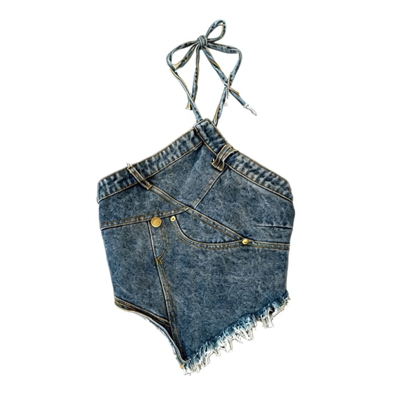 Lullu Girls Denim Open Back Irregular Camisole Summer Halter Sleeveless Top, Sizes 2-17