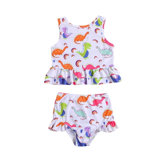 Lullu Girls Dinosaur Print Ruffle Tankini Swimsuit Bathing Suit, 2-Piece, Sizes 18M-6Y