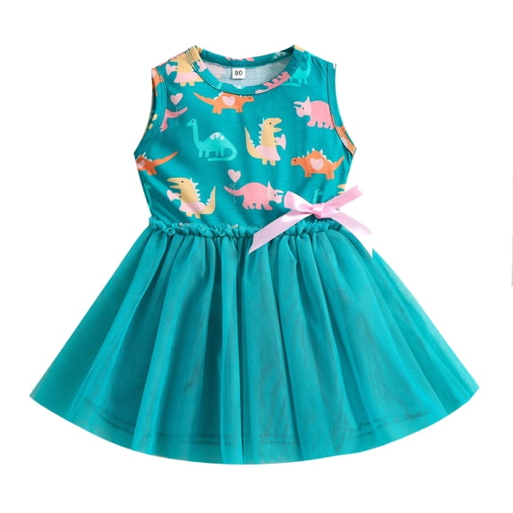 Lullu Girls Dinosaur Print Sleeveless Tutu Dress Summer Mesh A Line Tank Dress, Sizes 1-6