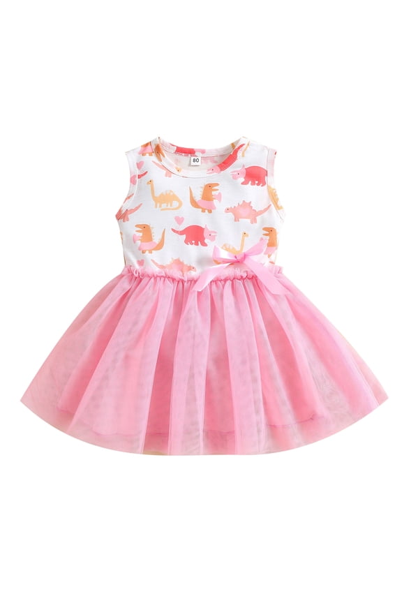 Girls Dinosaur Print Sleeveless Tutu Dress Summer Mesh A Line Tank Dress, Sizes 1-6