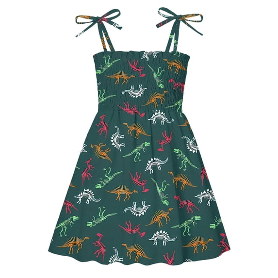 Lullu Girls Dinosaur Print Tie-Shoulder Dress Smocked Flowy Cami Sundress, Sizes 12M-5T