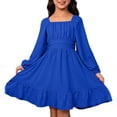 thumbnail image 1 of Lullu Girls Dresses Casual Solid Square Neck Long Sleeve Ruffle Swing Dress, Sizes 6-15, 1 of 5