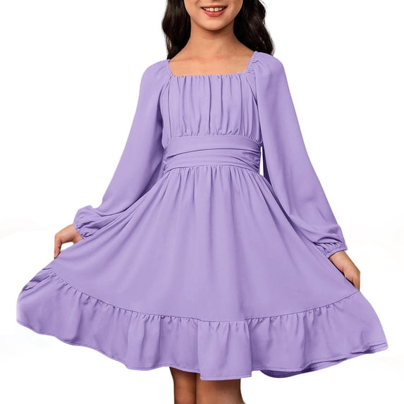 Lullu Girls Dresses Casual Solid Square Neck Long Sleeve Ruffle Swing Dress, Sizes 6-15